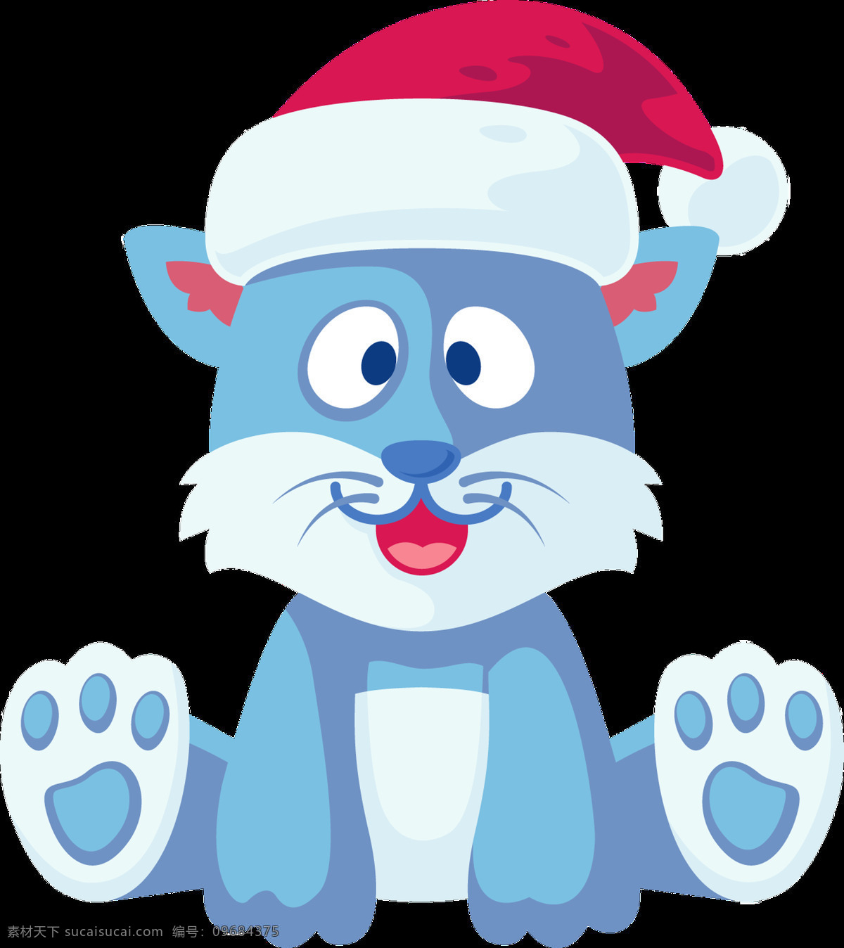 戴 圣诞 帽 坐 老虎 透明 卡通 白色 动物 蓝色 免扣素材 透明素材 装饰图片