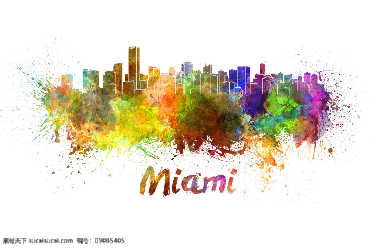 迈阿密 城市 插画 水彩墨迹 水彩喷溅 水彩城市 城市插画 城市剪影 城市天际线 建筑剪影 标志性建筑 城市风光 环境家居 白色