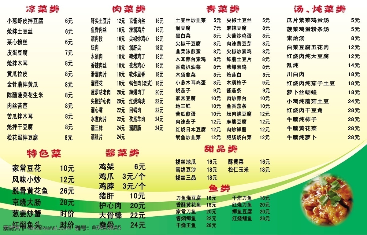 饭店菜谱展板 饭店 菜单 展板 凉菜类 肉菜类 青菜类 汤 炖菜类 特色菜 酱菜类 甜品类 鱼类 黄色渐变背景 展板模板 广告设计模板 源文件