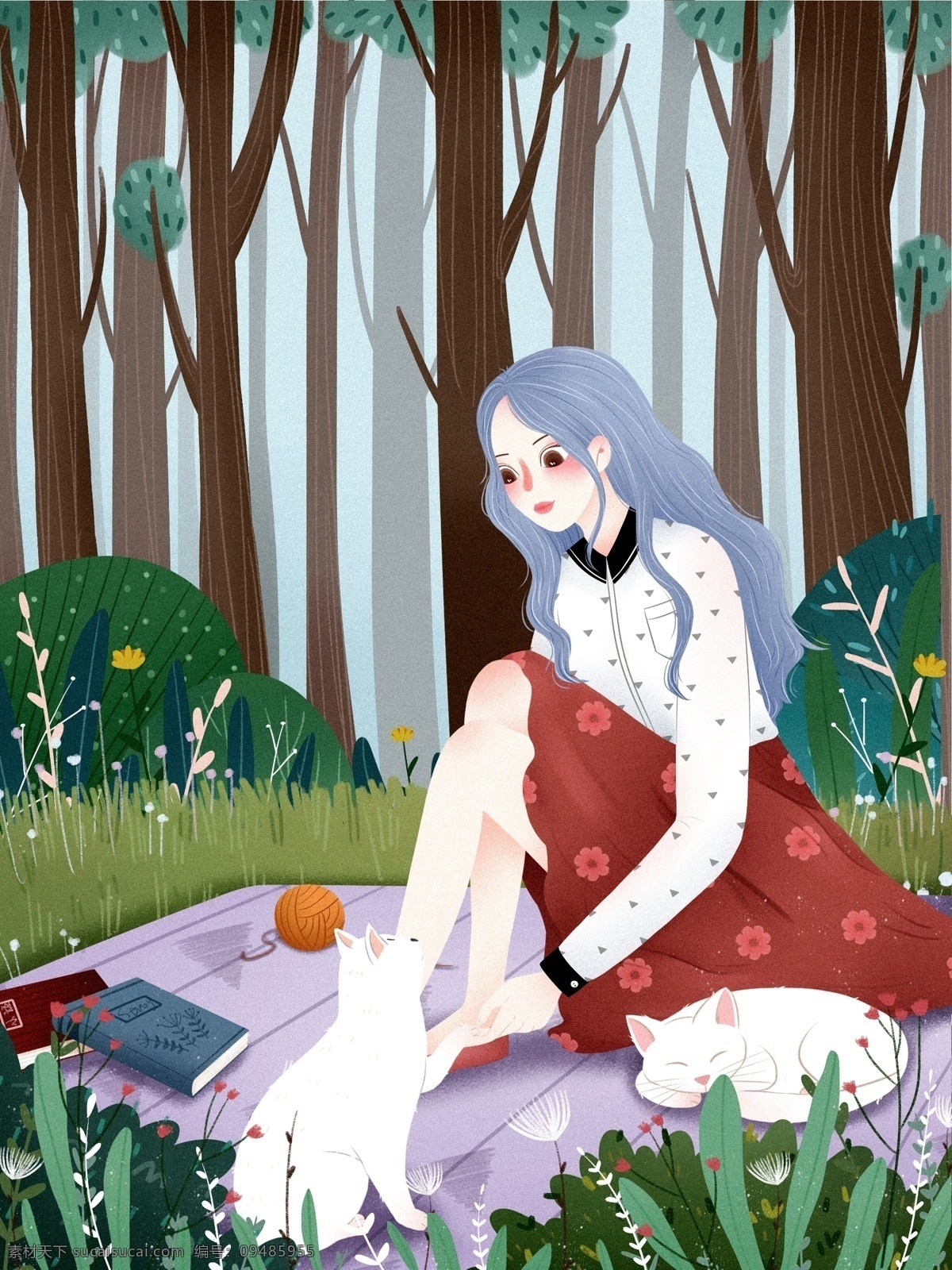 清新 绿植 少女 萌 宠 猫咪 插画 简约 唯美 旅游 春天踏青 插画设计 插画背景 设计背景 卡通 手绘 春暖花开 读书 萌宠