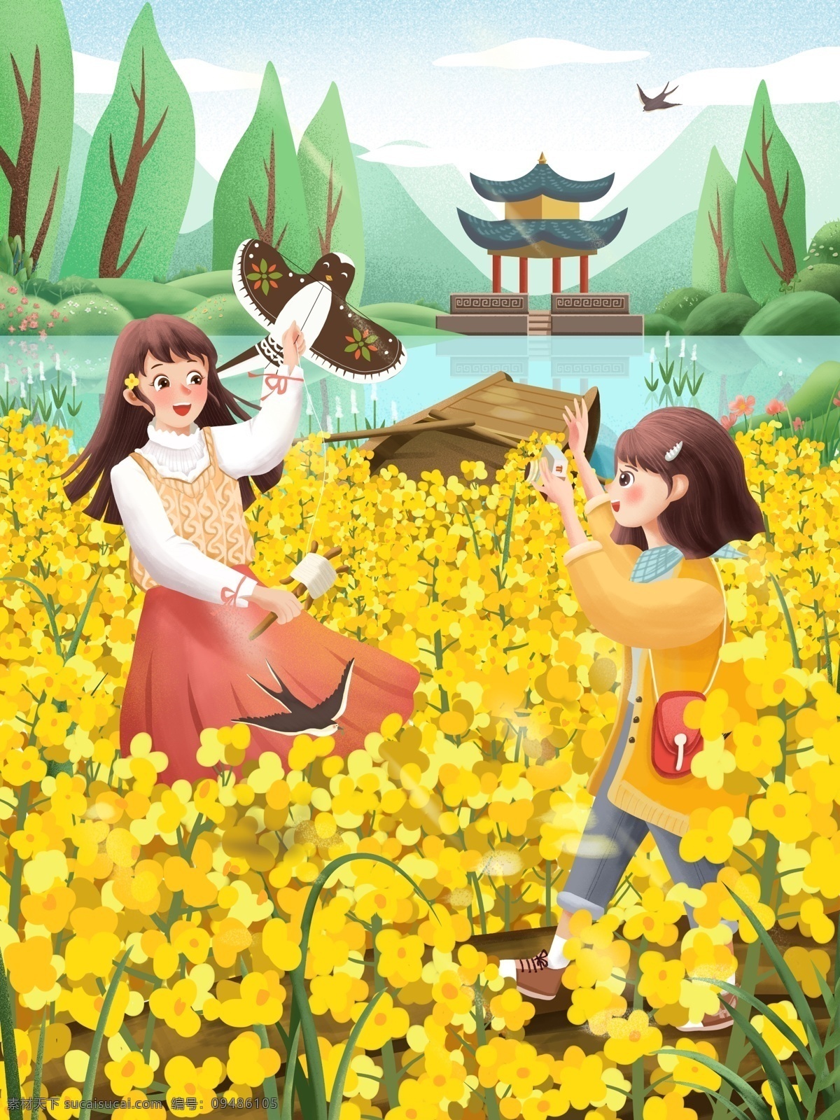 原创 手绘 插画 你好 春天 女孩 郊游 油菜 花田 春季 油菜花 植物 亭子 手绘插画