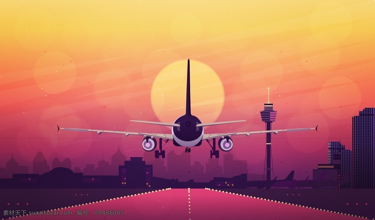 矢量 机场 夕阳 飞机 降落 矢量机场 矢量飞机 矢量夕阳 城市建筑 矢量太阳 飞机正面 机场插画 火红天空 交通工具 现代科技