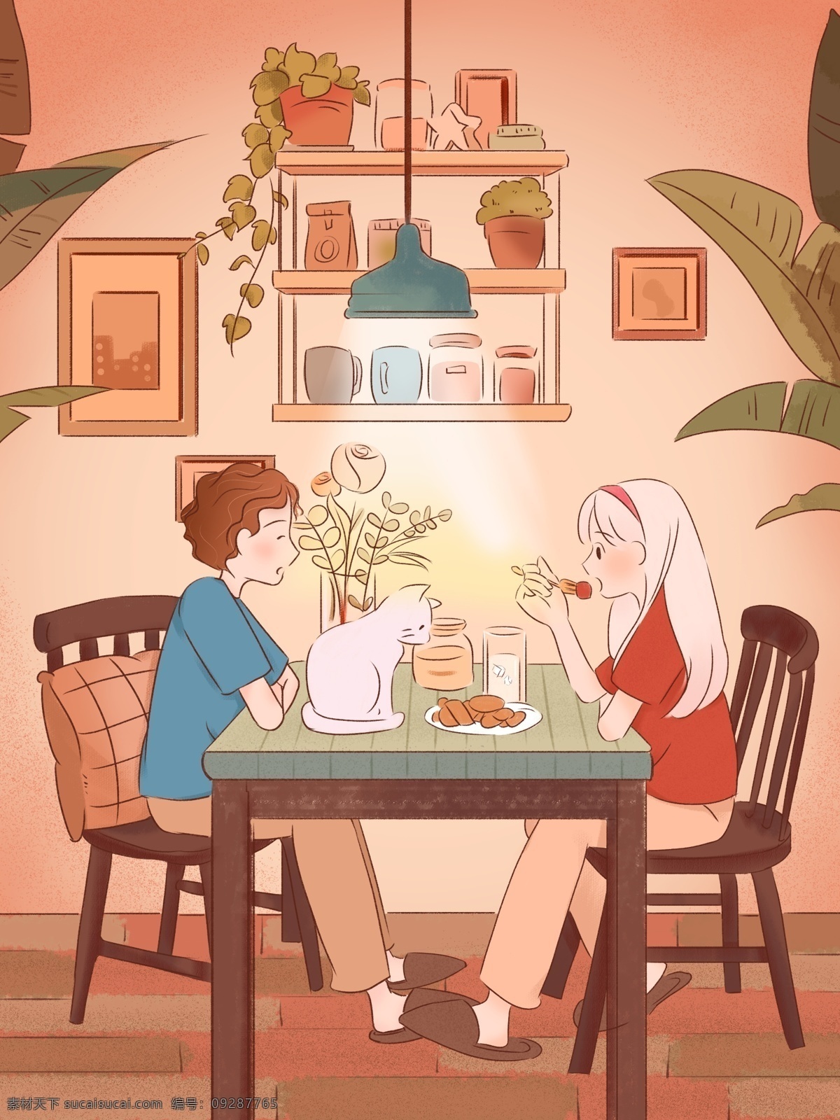 小 情侣 幸福 温馨 就餐 粉色 场景 可爱 插画 壁纸 背景