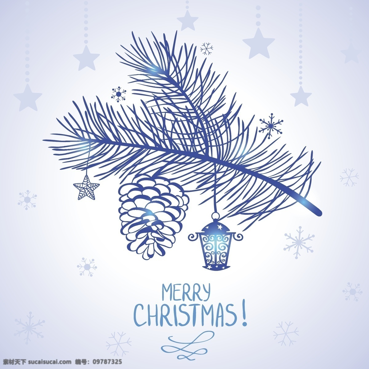精美 蓝色 松枝 挂饰 圣诞节 矢量图 松树枝 星星 松塔 节日素材