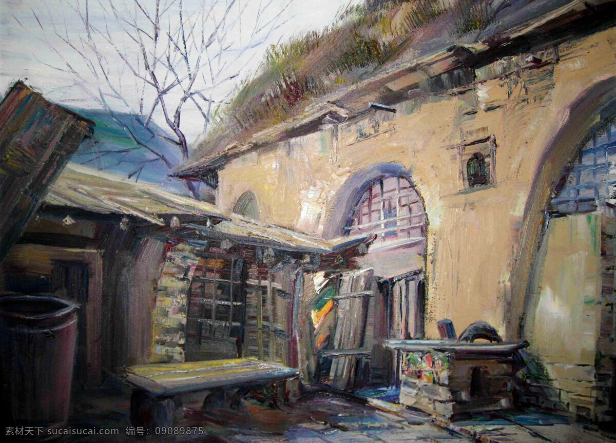 风景画 绘画 绘画书法 家具 美术 农家 树木 陕北 民居 设计素材 模板下载 陕北民居 油画 村子 民房 院子 泥墙 天空 油画艺术 油画作品3 文化艺术 装饰素材
