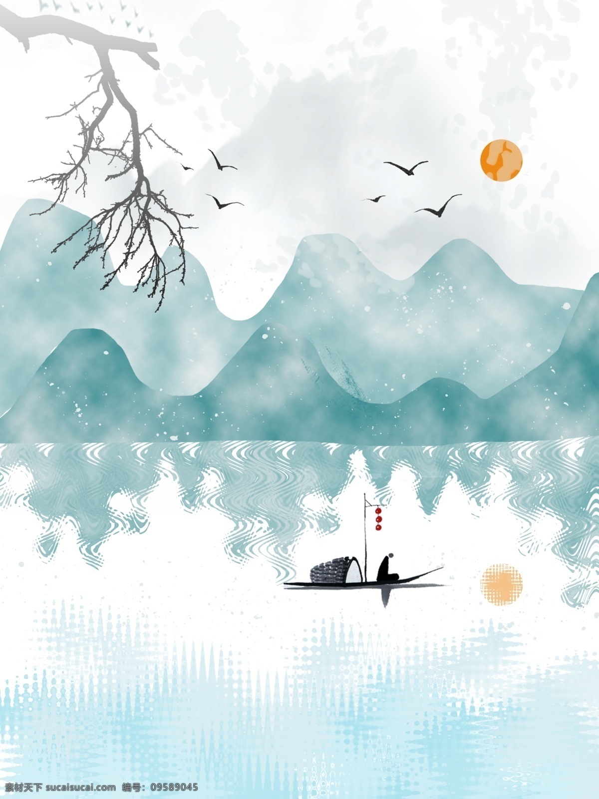 中式 群山 意境 山水画 禅意 飞鸟 船只 蓝色调