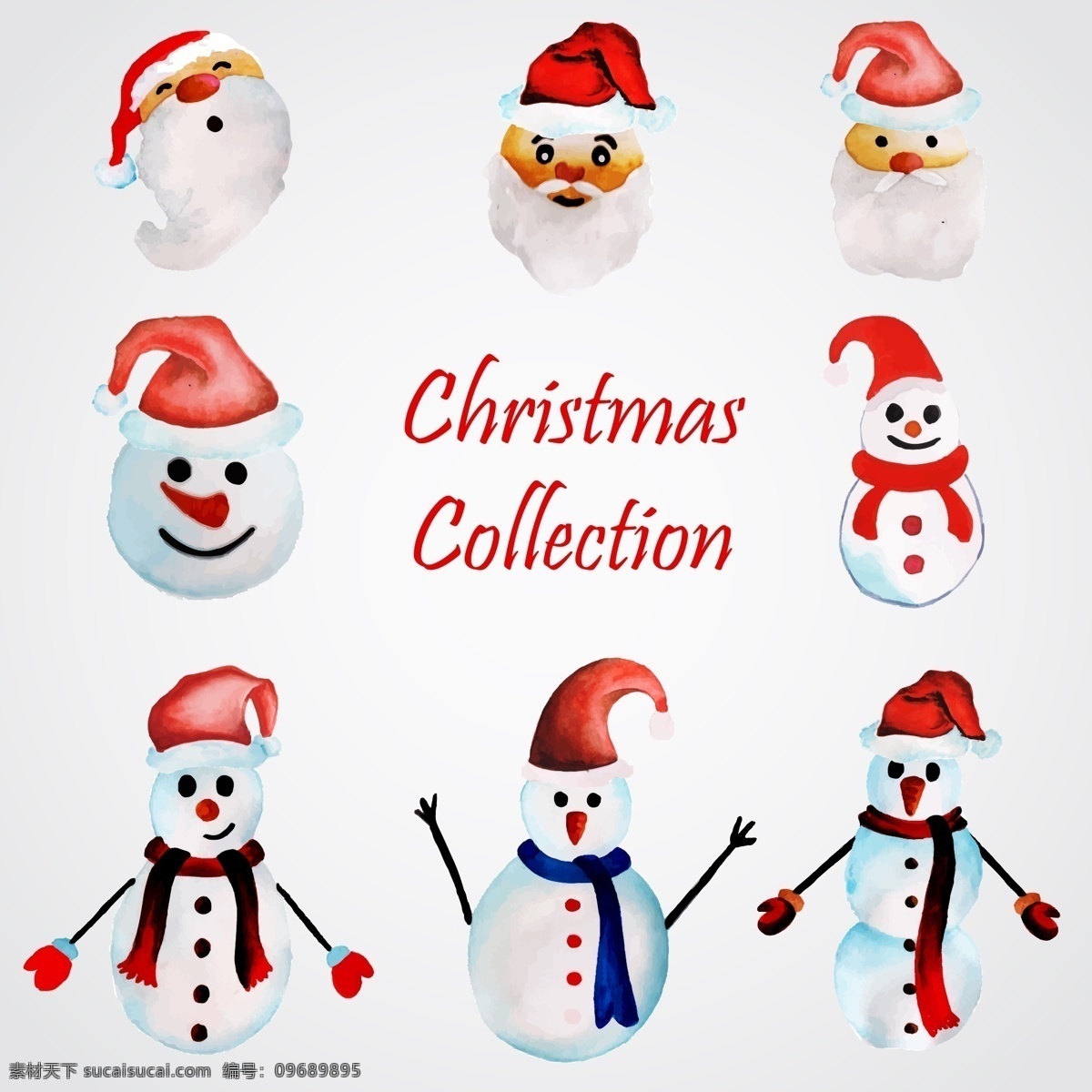 手绘 圣诞老人 雪人 插画 漫画 圣诞节 矢量素材 水彩 圣诞帽