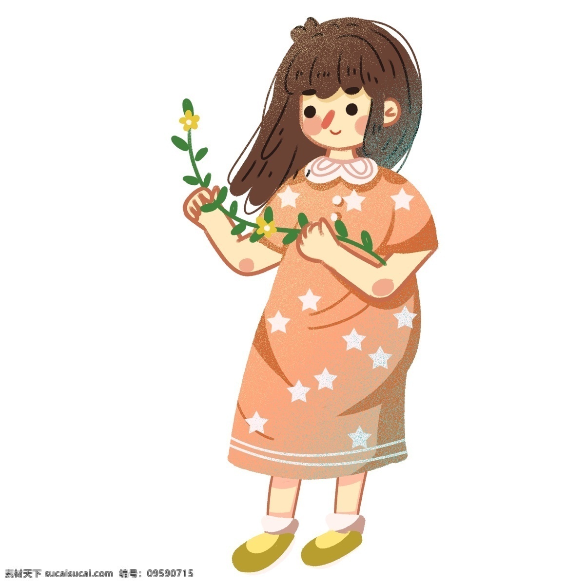 扁平化 清新 一个 树叶 女孩 卡通 可爱 女生 人物 插画 小清新 裙子