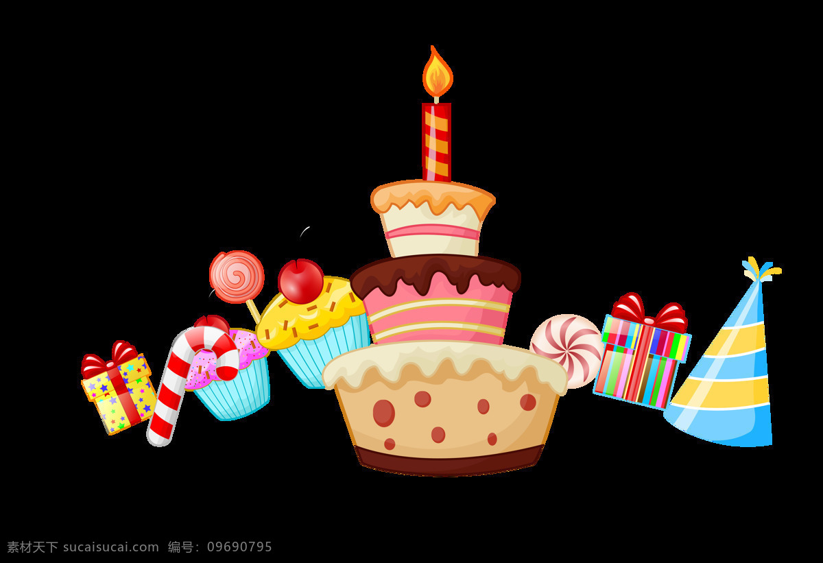 手绘 卡通 精致 生日蛋糕 装饰 生日 蛋糕 礼物 礼盒 蜡烛 礼帽 水果杯 棒棒糖