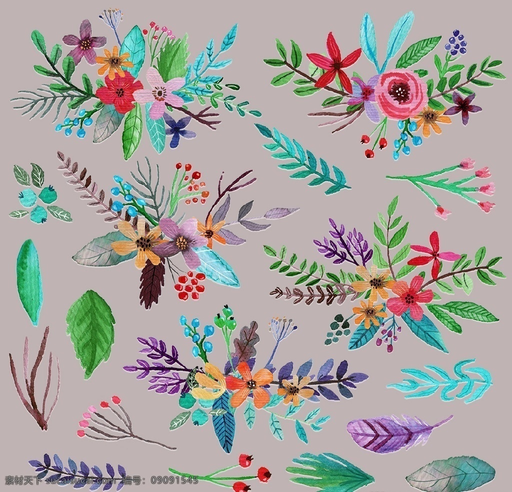 水彩花草植物 水彩 水粉 手绘 绘画 绘图 插画 插图 花艺 造型 树叶 叶子 叶片 绿叶 花环 花圈 捧花 插花 装饰 花卉 鲜花 树枝 小花 野花 果子 野果 牡丹 芍药 玫瑰 花苞 写意 生物世界 花草