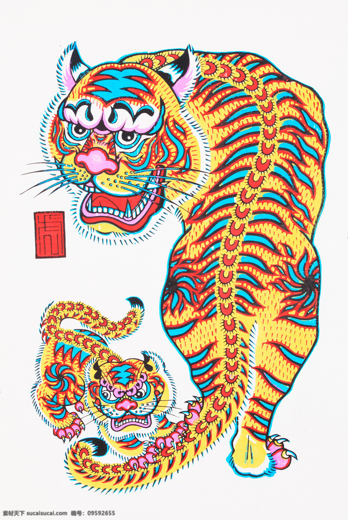 彩色 传统文化 虎 虎年 老虎 年画 色彩 虎设计素材 虎模板下载 生肖 两只 文化艺术