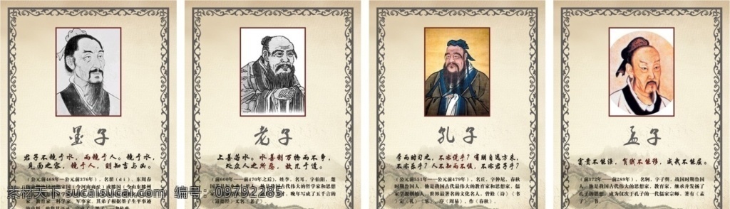 名人名言 古代名人 墨子 老子 孔子 孟子 诸子百家 道家 佛家 兵家 礼家 展板 学校展板 古人介绍 土黄色展板 海报框 名人海报 展板模板