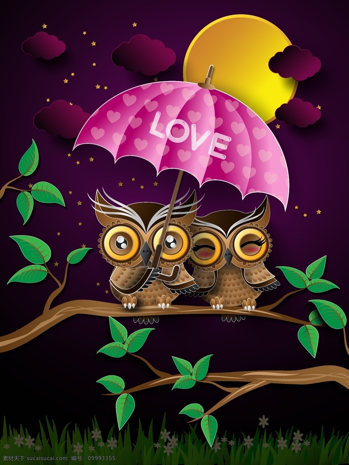 两 只 可爱 猫头鹰 插画 动物 雨伞 月亮 枝头