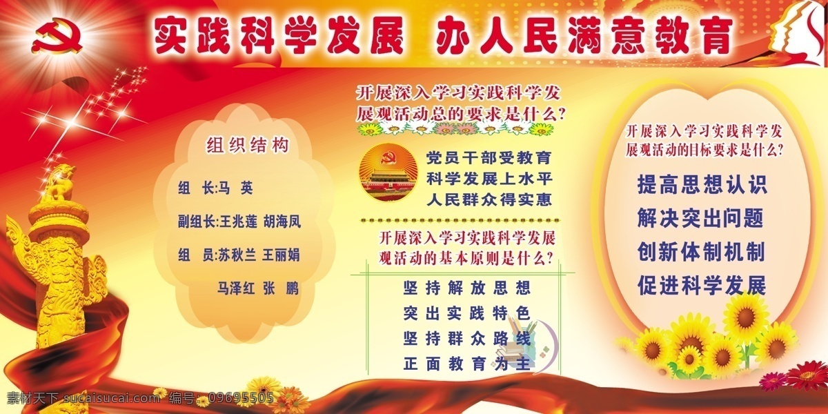 科普发展展板 名片 光线 党徽 红绸飘带 祥云 云彩龙柱 花草 实践科学 抽象 科普发展 人民 满意 教育 天安门 华表 展板模板 广告设计模板 源文件