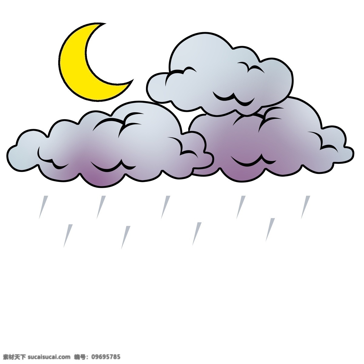 夜间 下雨 卡通 插画 下雨天 夜间下雨 卡通天气插画 天气现象 灰色的云朵 下雨天气 黄色的月亮 天气