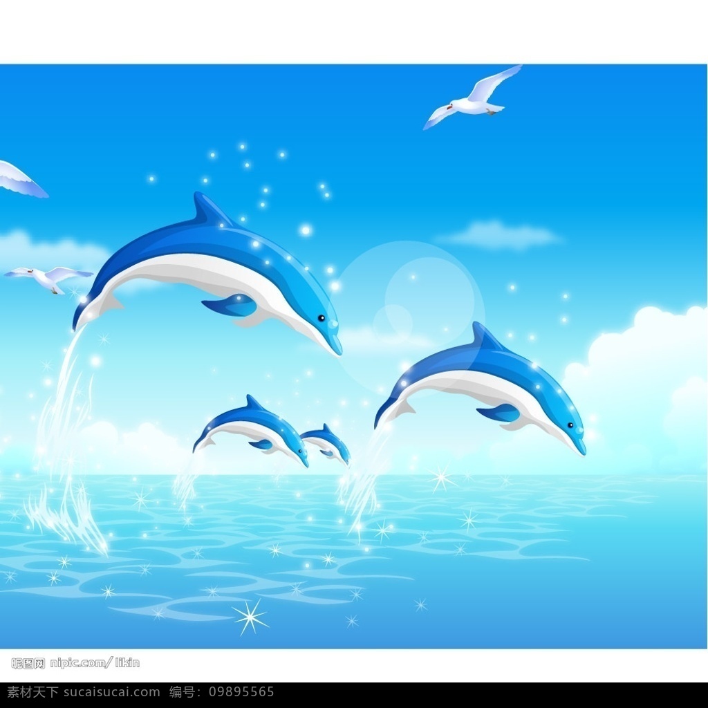 精美的海豚 海豚 大海 天空 精美 自然景观 自然风景 矢量图库