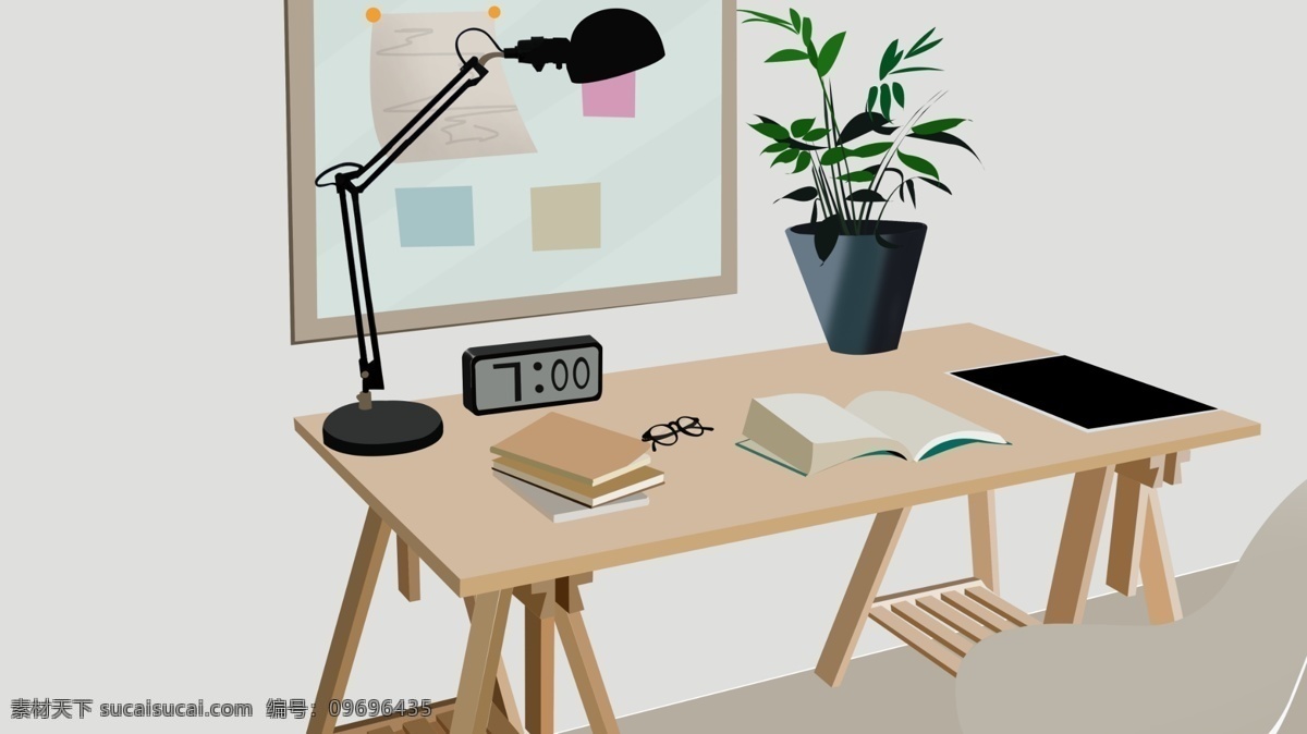 商务办公 场景 办公桌 植物 插画 台灯 简约风格 木桌