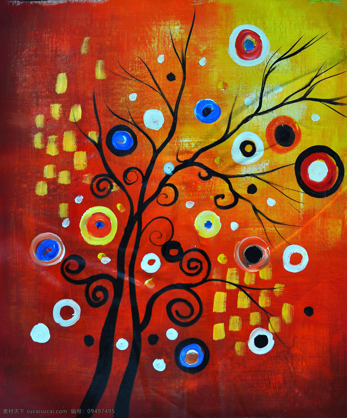 花树抽象画 花树 颜色艳丽 色彩斑斓 五颜六色 油画 装饰画 圆圈 彩色 设计素材 创意画 红色