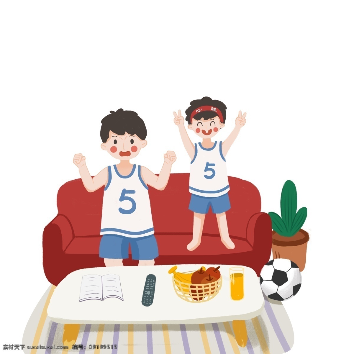 看 电视 父女 图案 元素 人物 卡通人物 沙发 红色 足球 世界杯 手绘 创意元素 免抠元素