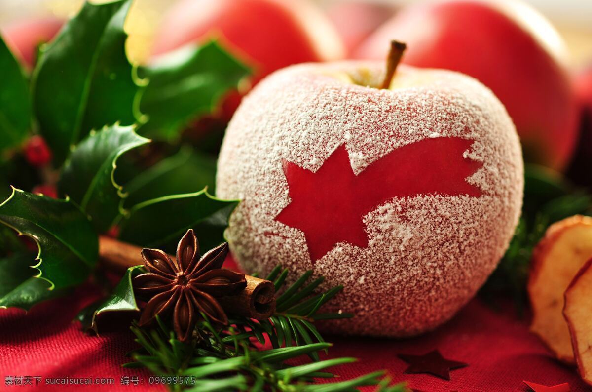平安夜 平安果 圣诞 圣诞节 红苹果 苹果 水果 装饰 红色 五角星 冰霜 装饰物 新鲜水果 节日素材 文化艺术 节日庆祝