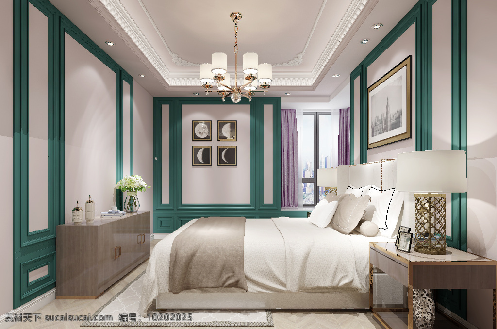 欧式 风格 典雅 卧室 效果图 清新 大气 3d 背景墙 轻奢 温馨