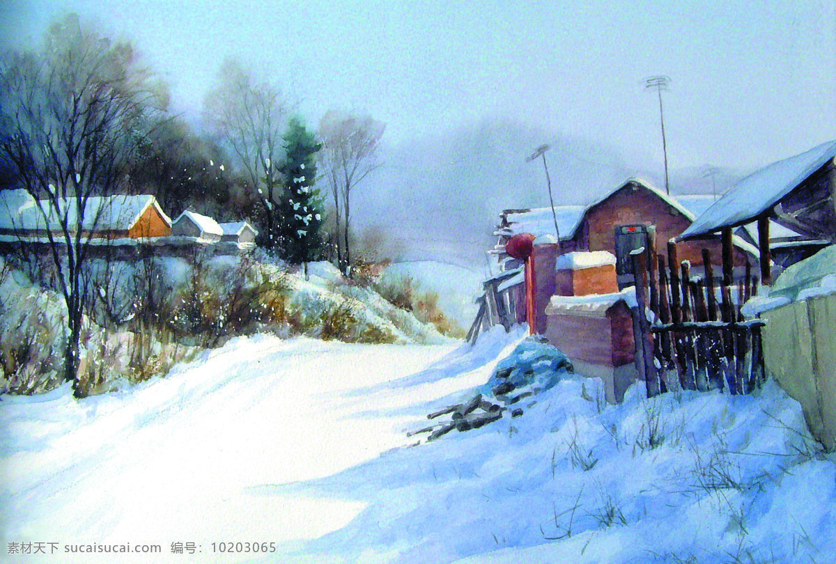 乡村冬雪 美术 水彩画 风景 乡村 房屋 雪地 树木 雪道 绘画书法 文化艺术 白色