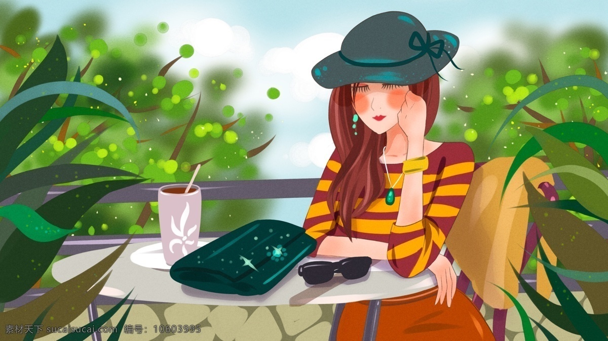 坐在 路边 喝 饮料 女生 卡通 背景 绿色 叶子 休闲 院子