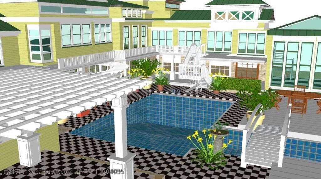 别墅庭院模型 别墅 庭院 小花园 skp 建筑模型 3d素材 别墅庭院 庭院模型 泳池 游泳池 清新 灰色