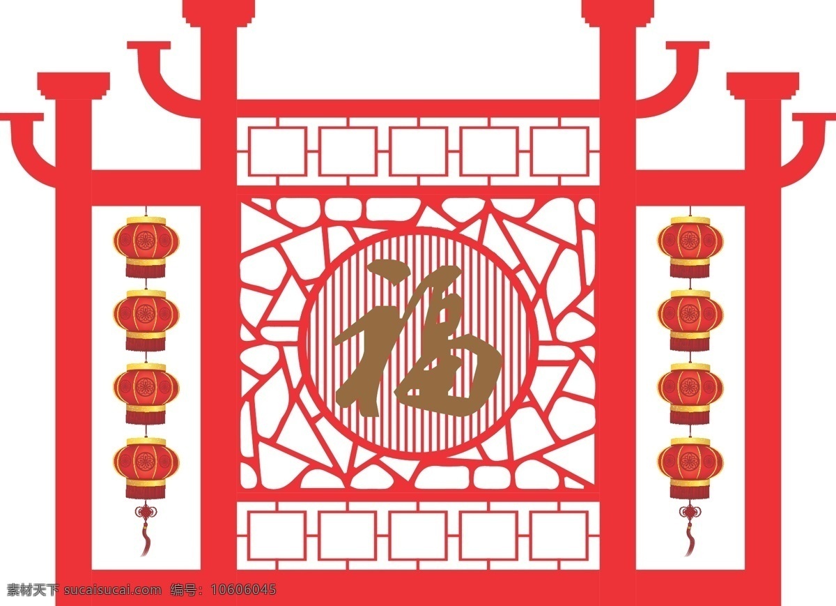 喜庆门楼 新年门楼 春节门楼 装饰门楼 红色 龙门架 灯笼 福字 中式边框 背景板
