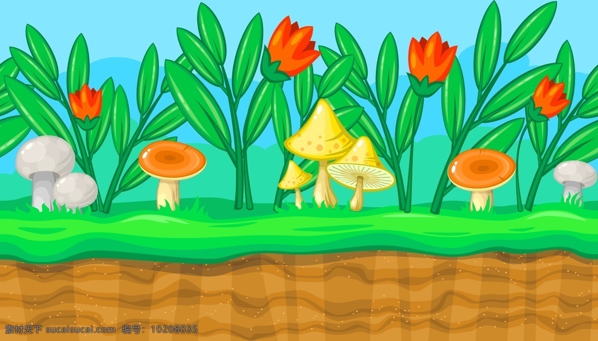 彩色 卡通 蘑菇 插画 小草 可爱 绿色 花朵