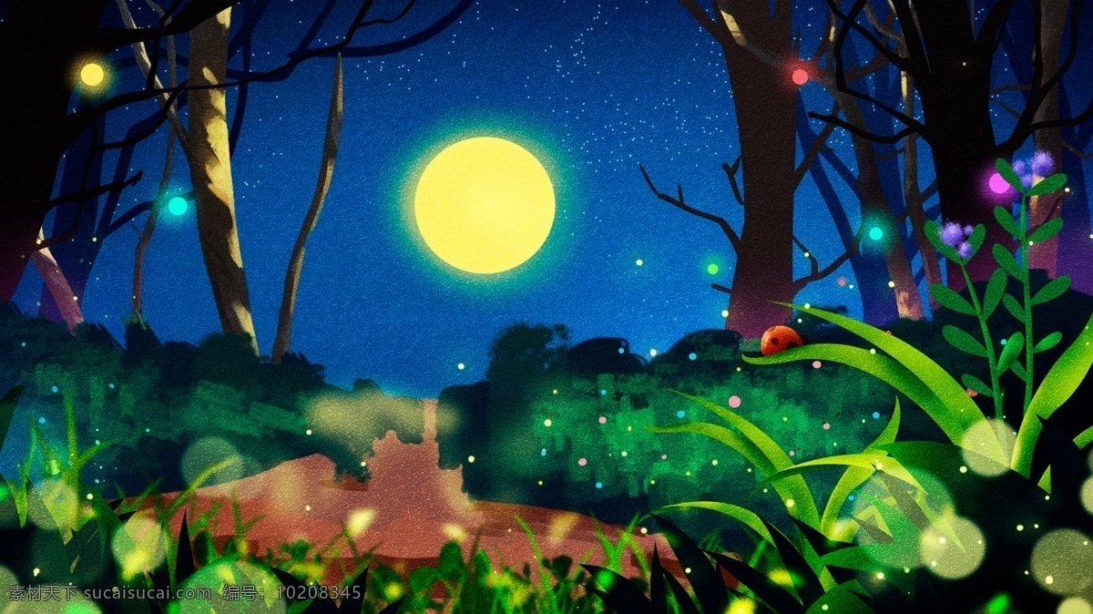 夜晚 手绘 树林 插画 背景 插画背景 唯美 banner 叶子 月亮 植物背景 树林背景 树叶背景 夜晚背景