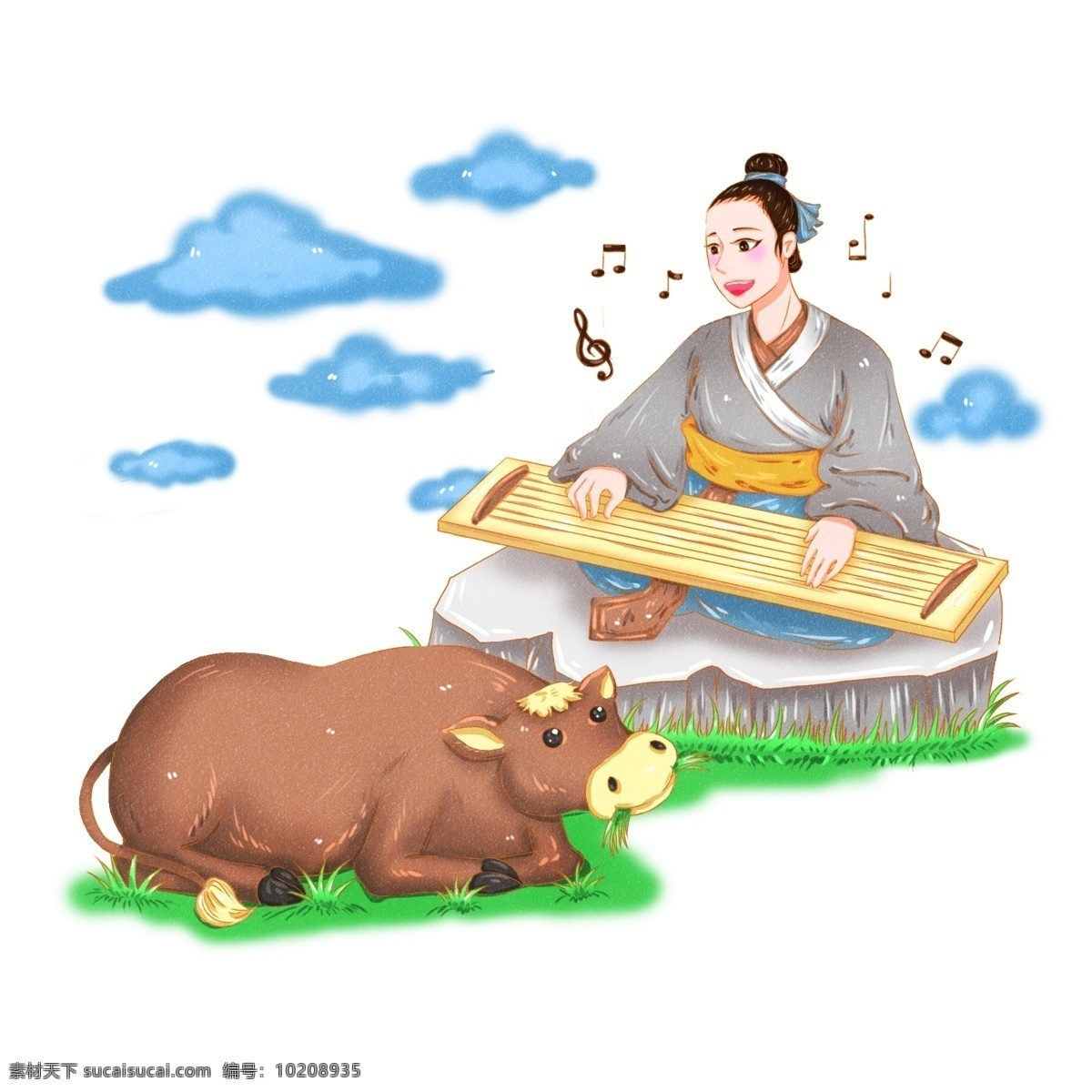 手绘 成语 对牛弹琴 卡通 形象 原创 商用 元素 卡通形象 音乐 牛 弹奏 乐曲 黄牛