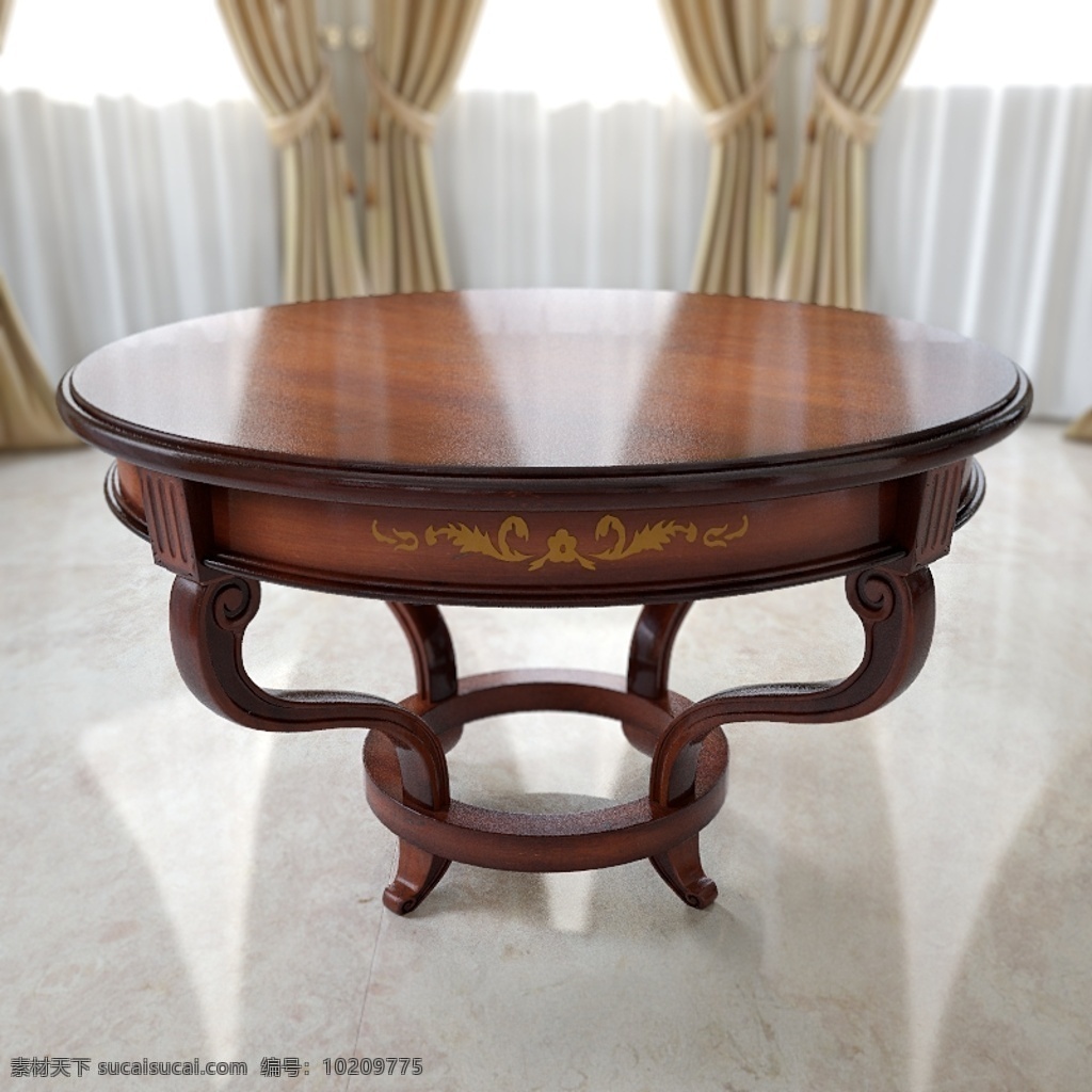 实木 圆形 餐桌 模型 瓷砖 窗帘 中式 古典 3d渲染 实木餐桌