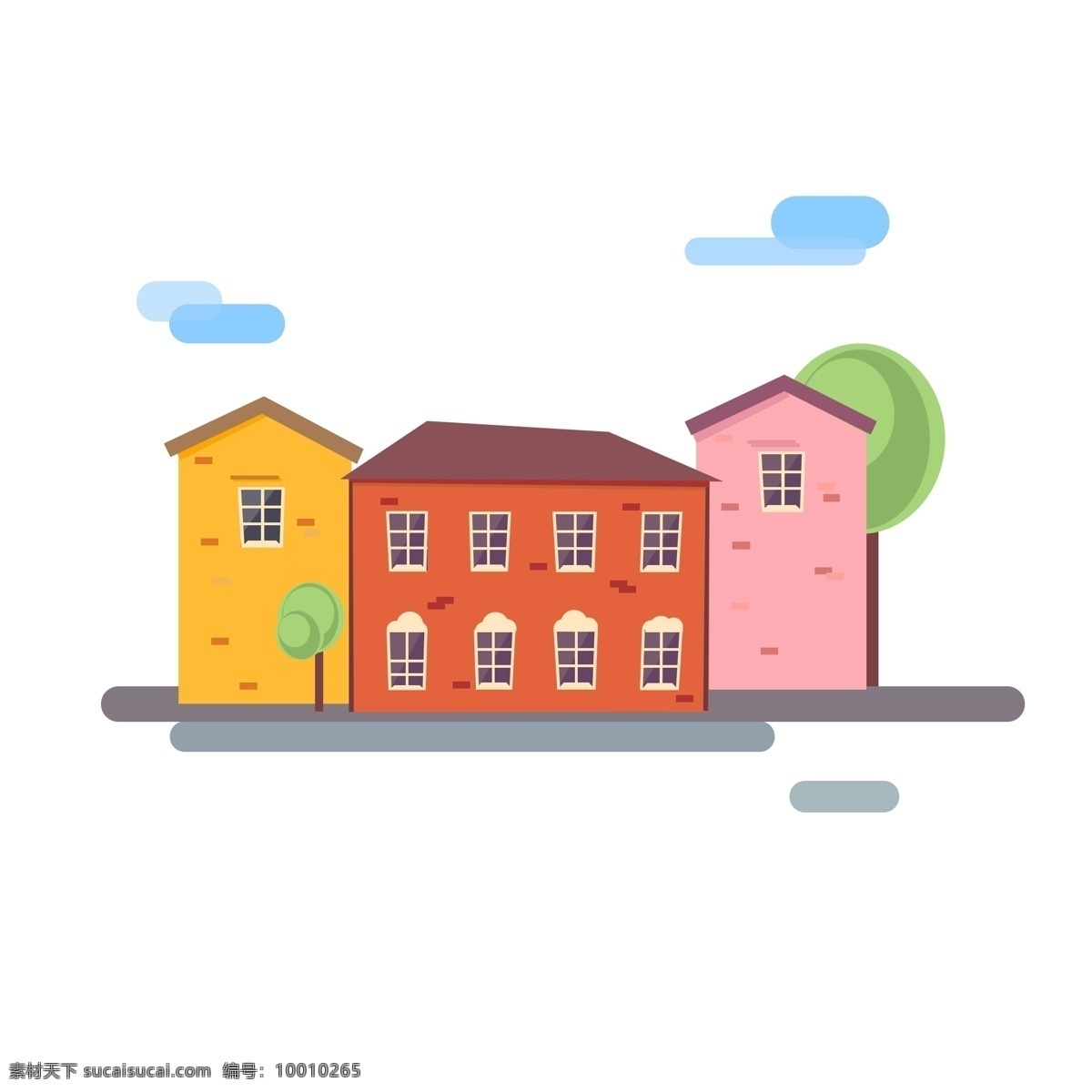 卡通 手绘 扁平化 建筑 线条 大树 城市 房子 绿色 太阳 云朵 高楼 窗户 交通 马路 砖块 粉色