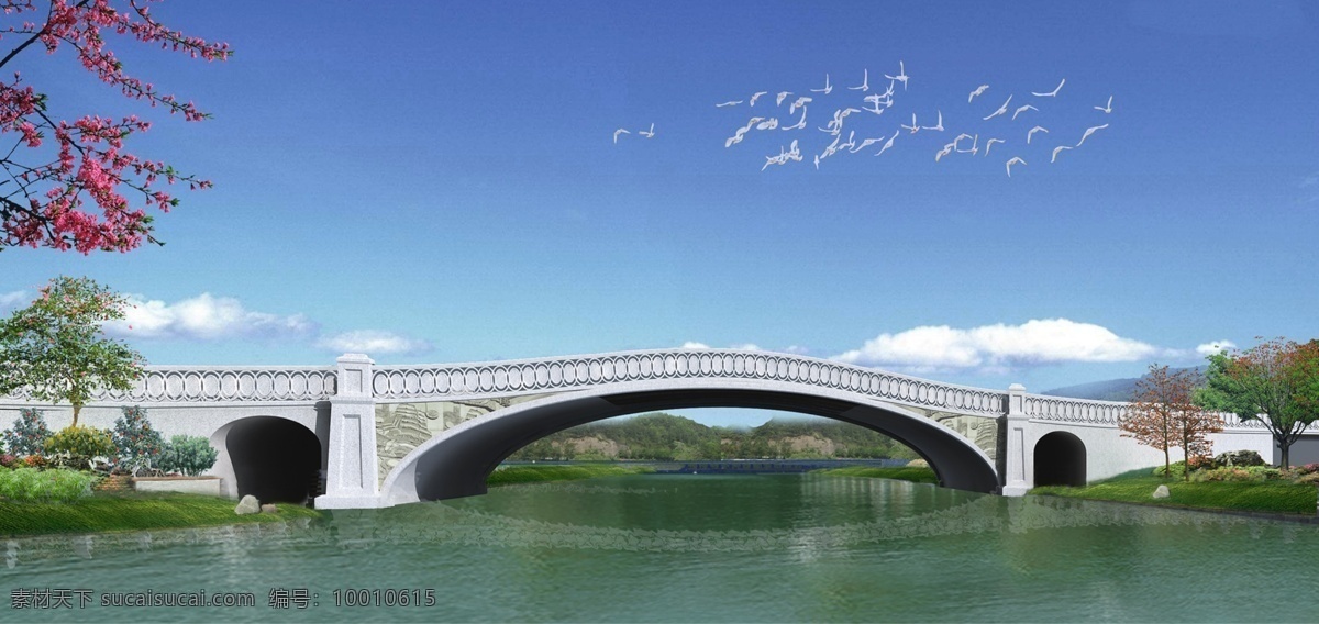 桥梁 景观 环境设计 河流 飞鸟 草地 树木 房屋 建筑物 景观设计