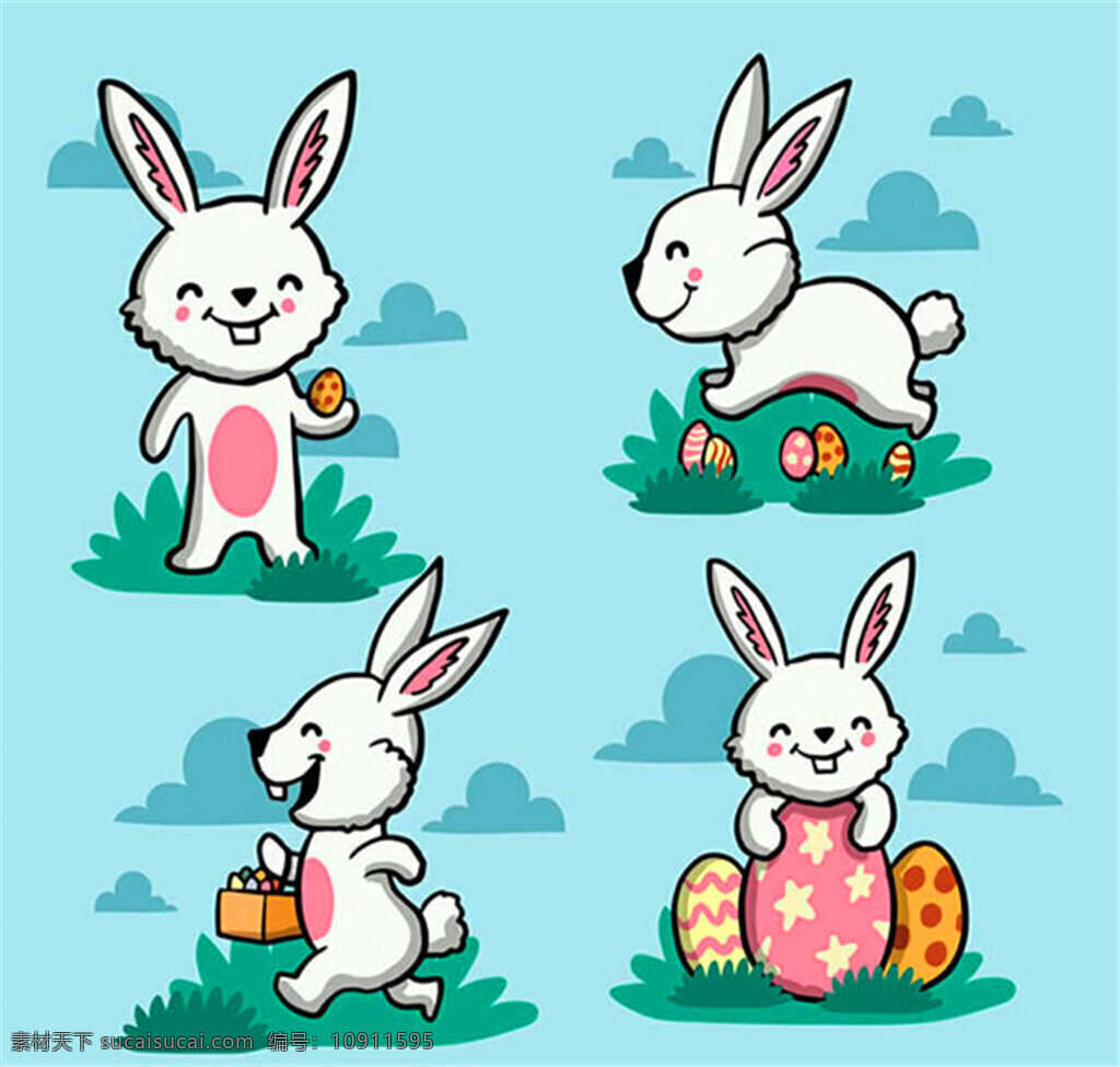复活节 白兔 动物 兔子 菜单 草地 云朵 矢量图 ai格式