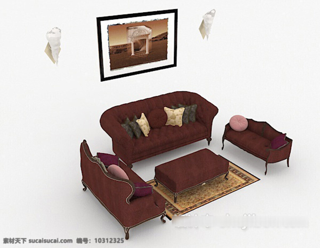 欧式 红色 组合 沙发 3d 模型 3d模型下载 3dmax 现代风格模型 白色模型