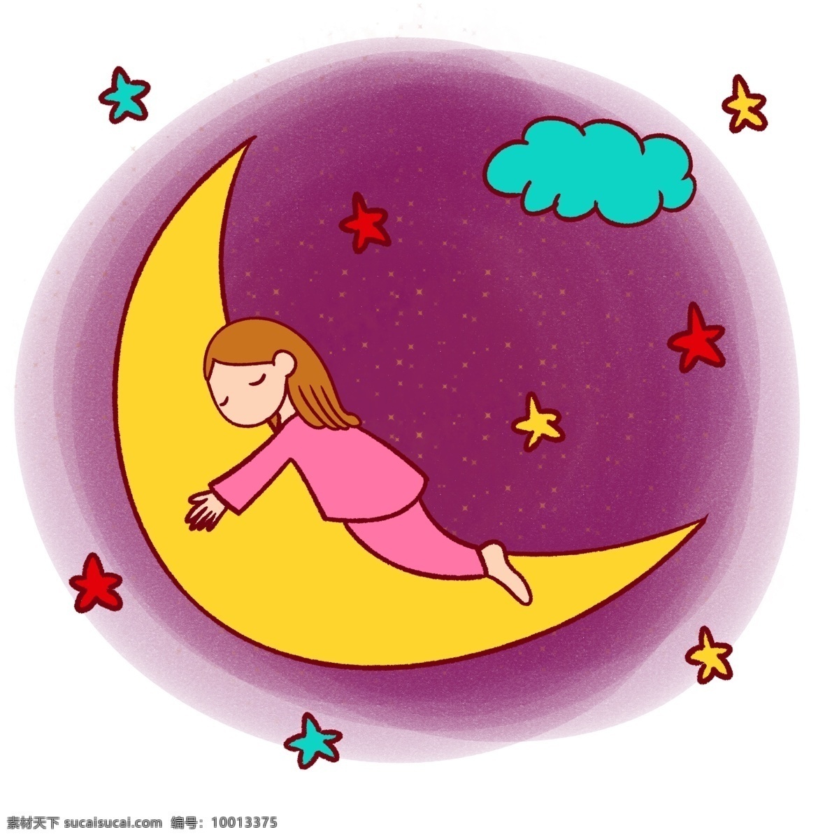 手绘 卡通 可爱 梦幻 童话 月亮 小女孩 矢量 免抠 儿童故事 云朵 梦境 睡衣 星星