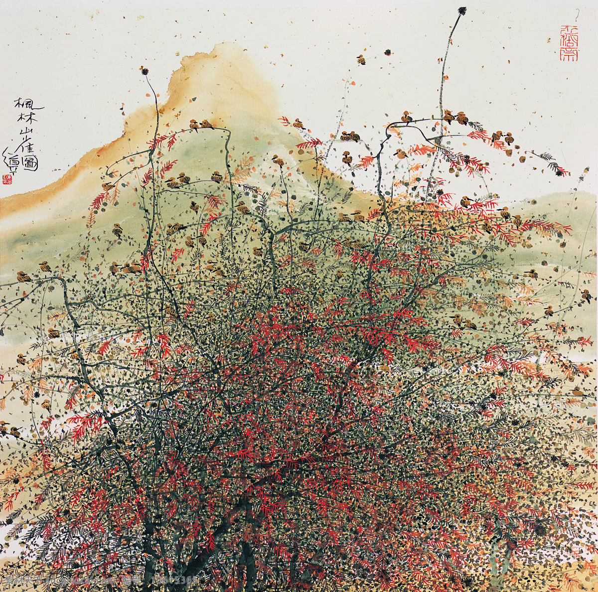 传统 画 传统画 枫叶 绘画 绘画书法 麻雀 毛笔字 山峰 树林 云雾 艺术 印章 文化艺术 家居装饰素材 雕刻 图案