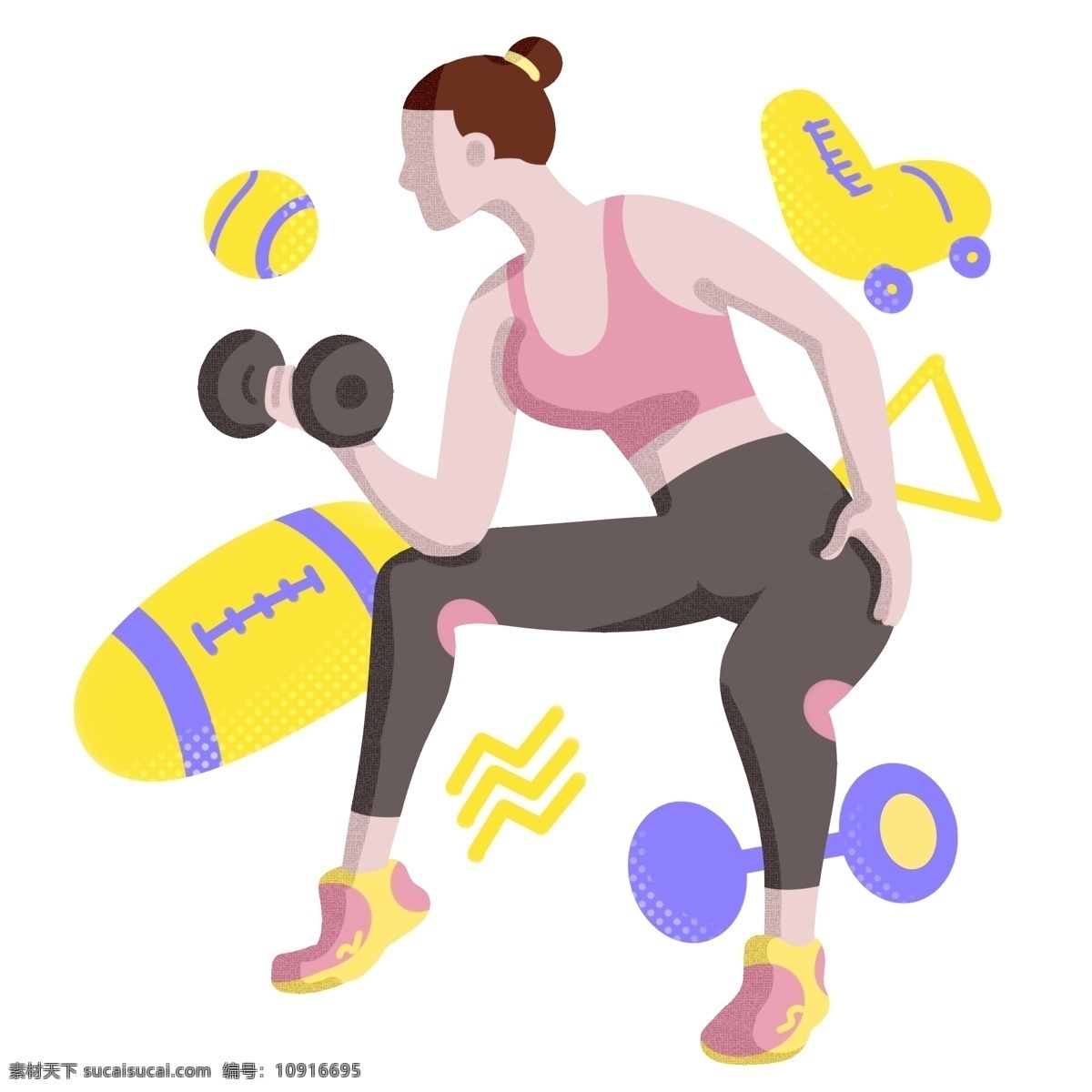 哑铃 健身 女孩 插画 黑色的哑铃 健身的女孩 卡通插画 黄色橄榄球 黄色溜冰鞋 运动 锻炼 健身器材