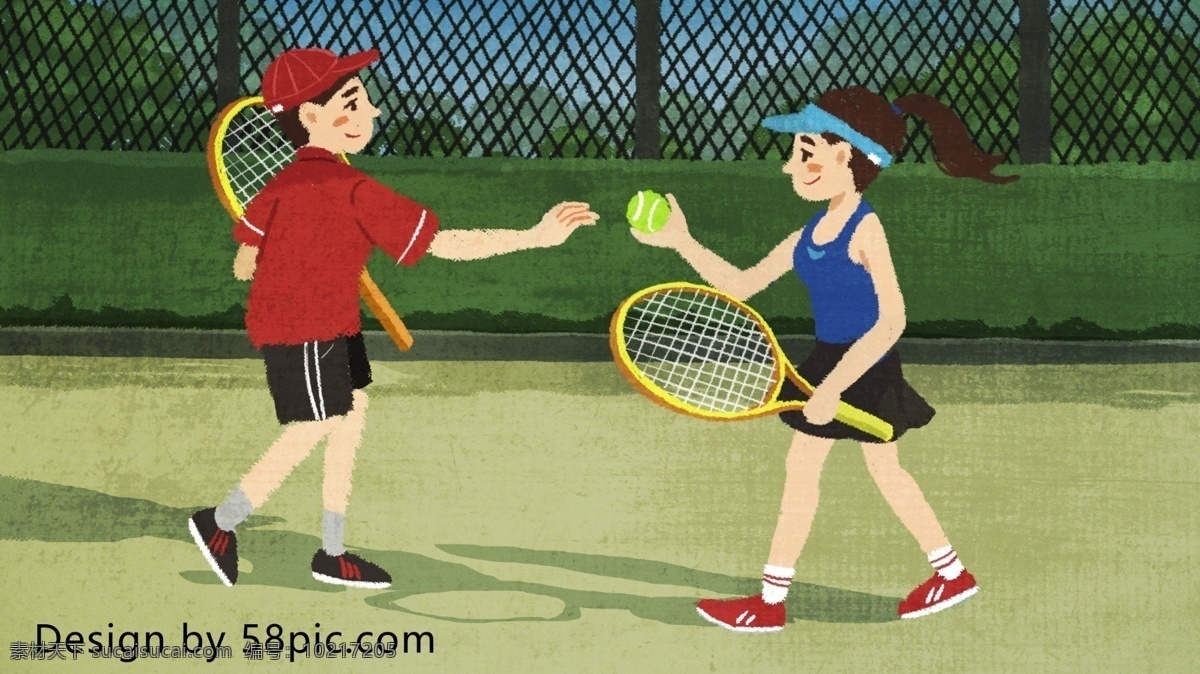 全民健身 日 网球 孩子 原创 手绘 插画 女孩 手绘插画 小清新 唯美 全民健身日 打网球的孩子 网球场 球场 网球拍 男孩 配图