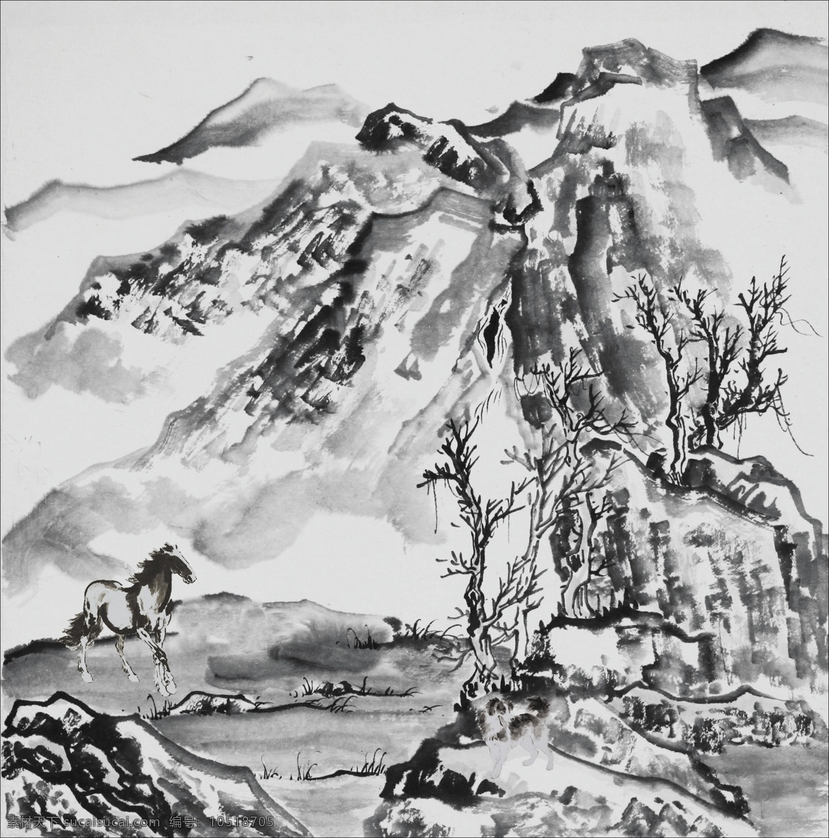 山水画 山 马 风景 分层 风景模板下载 树 源文件 家居装饰素材 山水风景画