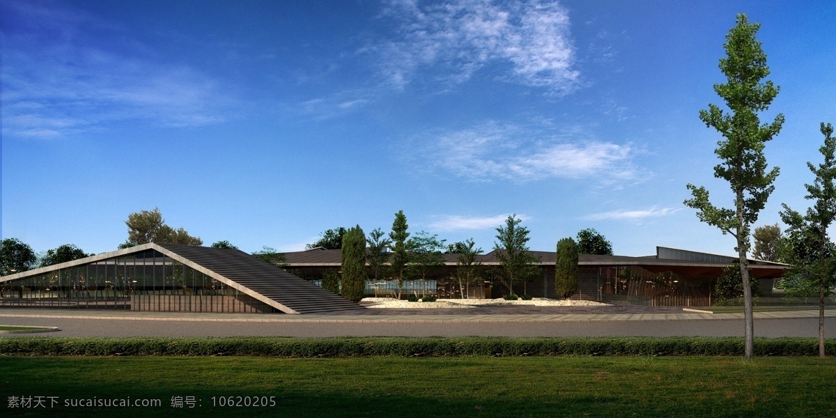 日式 展览馆 透视 效果图 蓝天 白云 绿化道 异形 源文件 环境设计 建筑设计 黑色