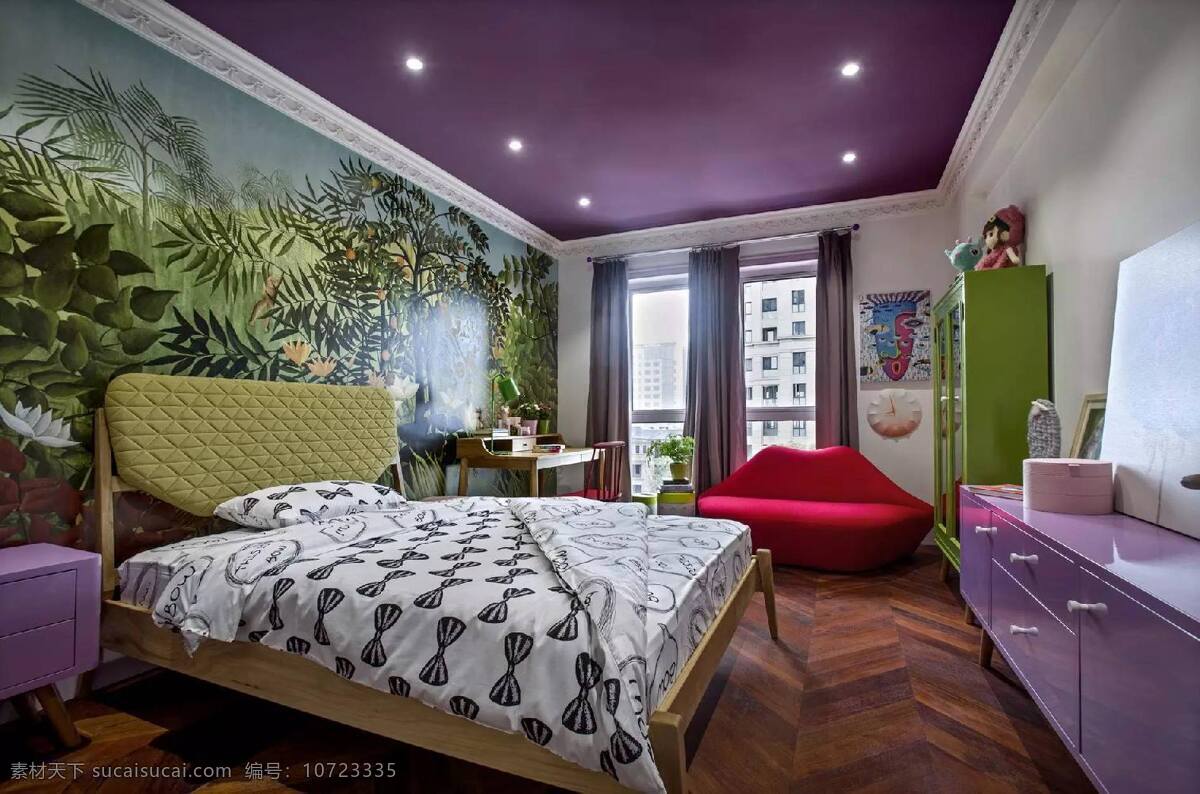 现代 浪漫 卧室 紫色 天花板 室内装修 效果图 木地板 卧室装修 紫色柜子 浅色背景墙