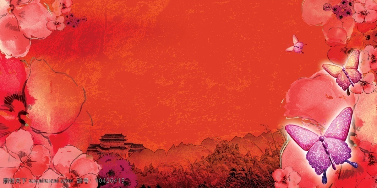 春天 蝴蝶花 红色 背景 背景板 春节 房地产 房子 古典 过年 蝴蝶 梅花 花 树 紫色 生机勃勃 中国风 水墨 纹理 山水 楼盘 psd源文件