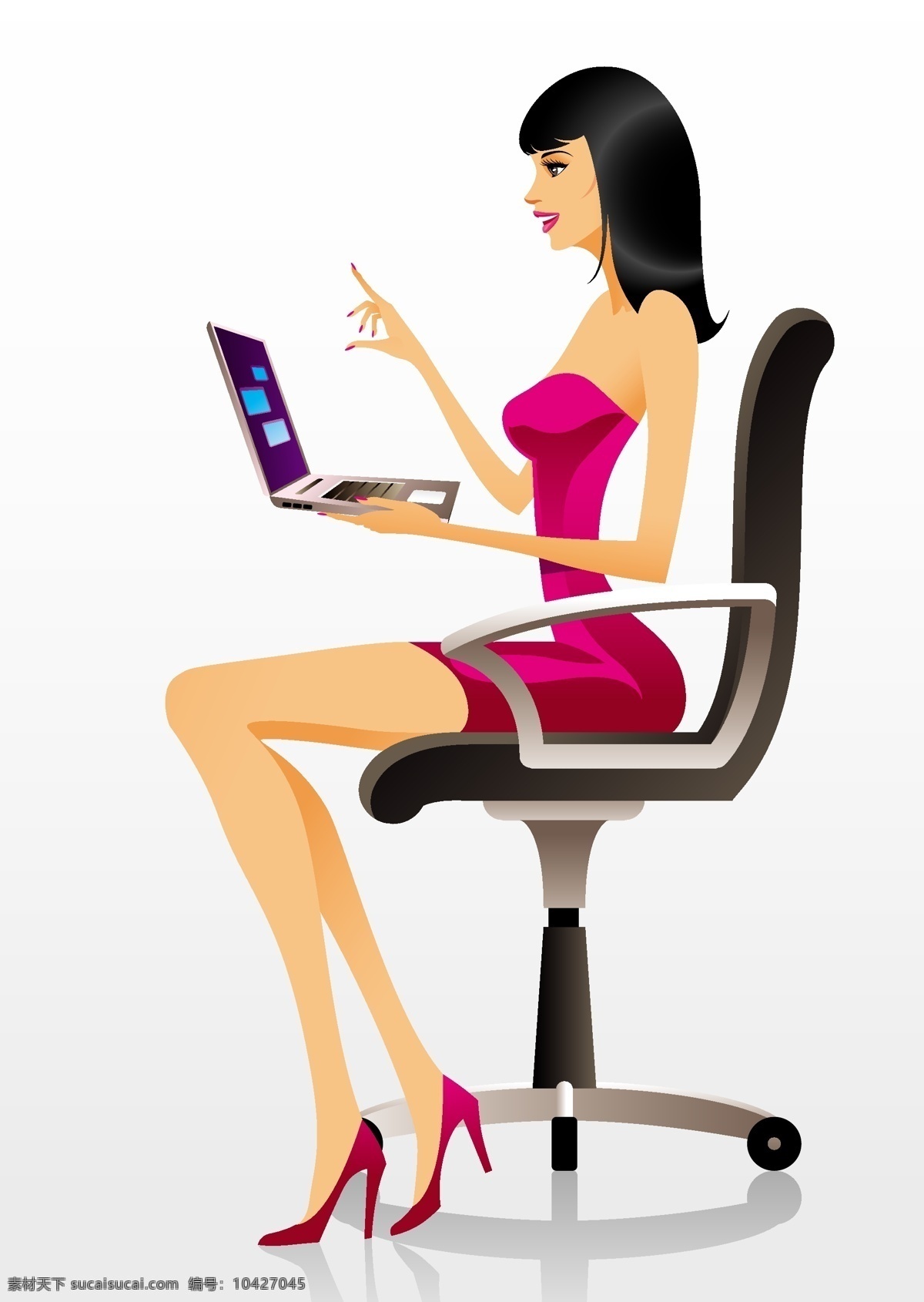 电脑 女人 卡通人物 笔记本电脑 坐着 转椅 卡通形象 矢量人物 矢量素材 白色