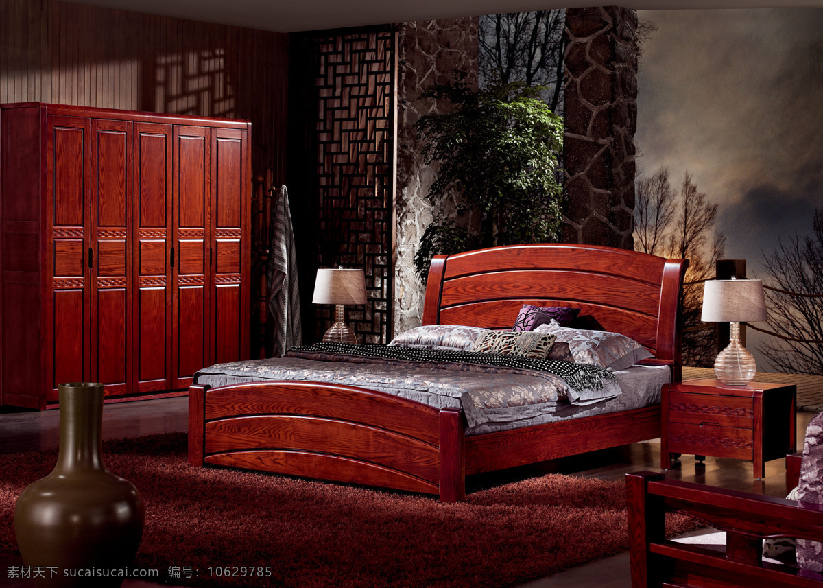 红 实木 床头柜 地毯 台灯 衣柜 红实木软床 软床 背景 装饰素材 室内设计