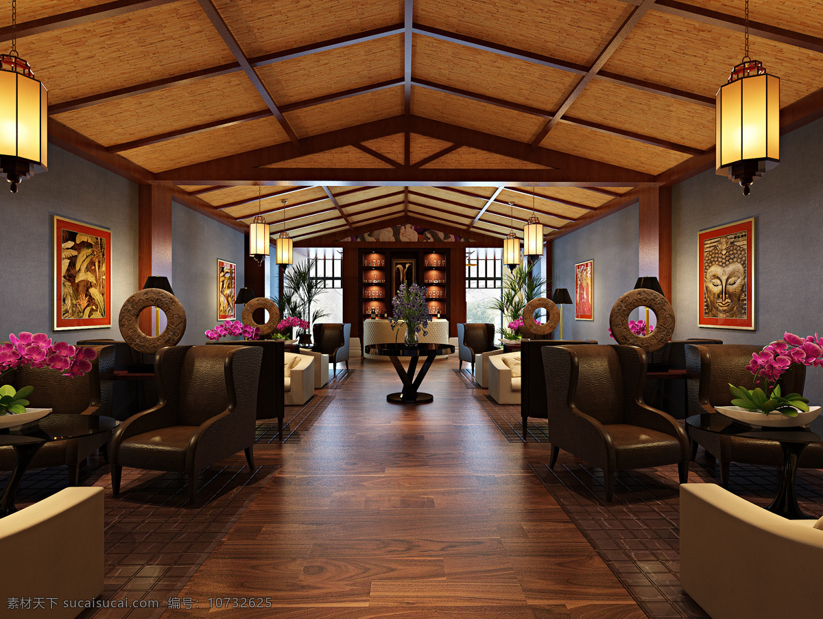 现代 时尚 热情 风格 售楼处 工装 效果图 木地板 褐色家具 紫红色 花朵 装饰 灯笼吊灯 皮质沙发