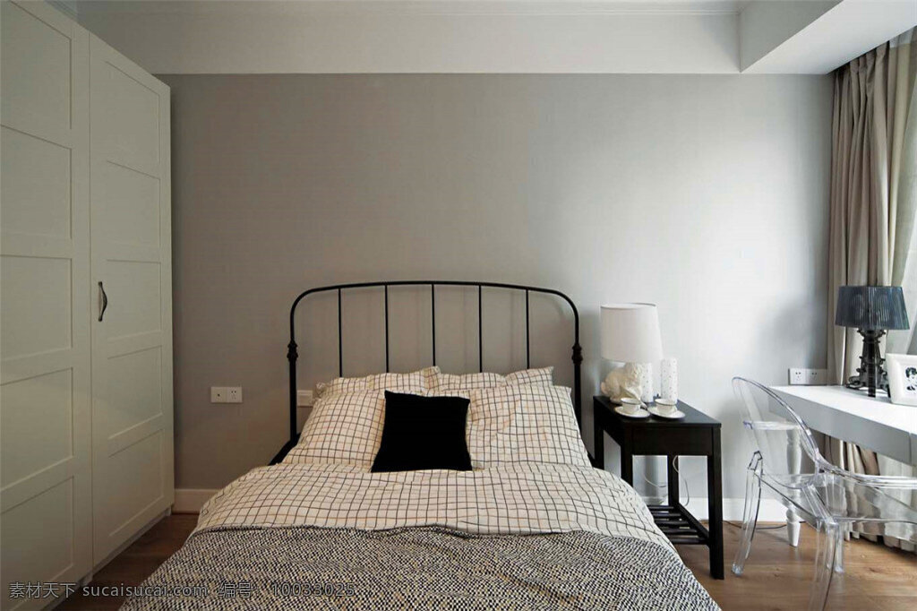 简约 卧室 床铺 装修 效果图 床头柜 方形吊顶 灰色窗帘 灰色墙壁 木地板 书桌