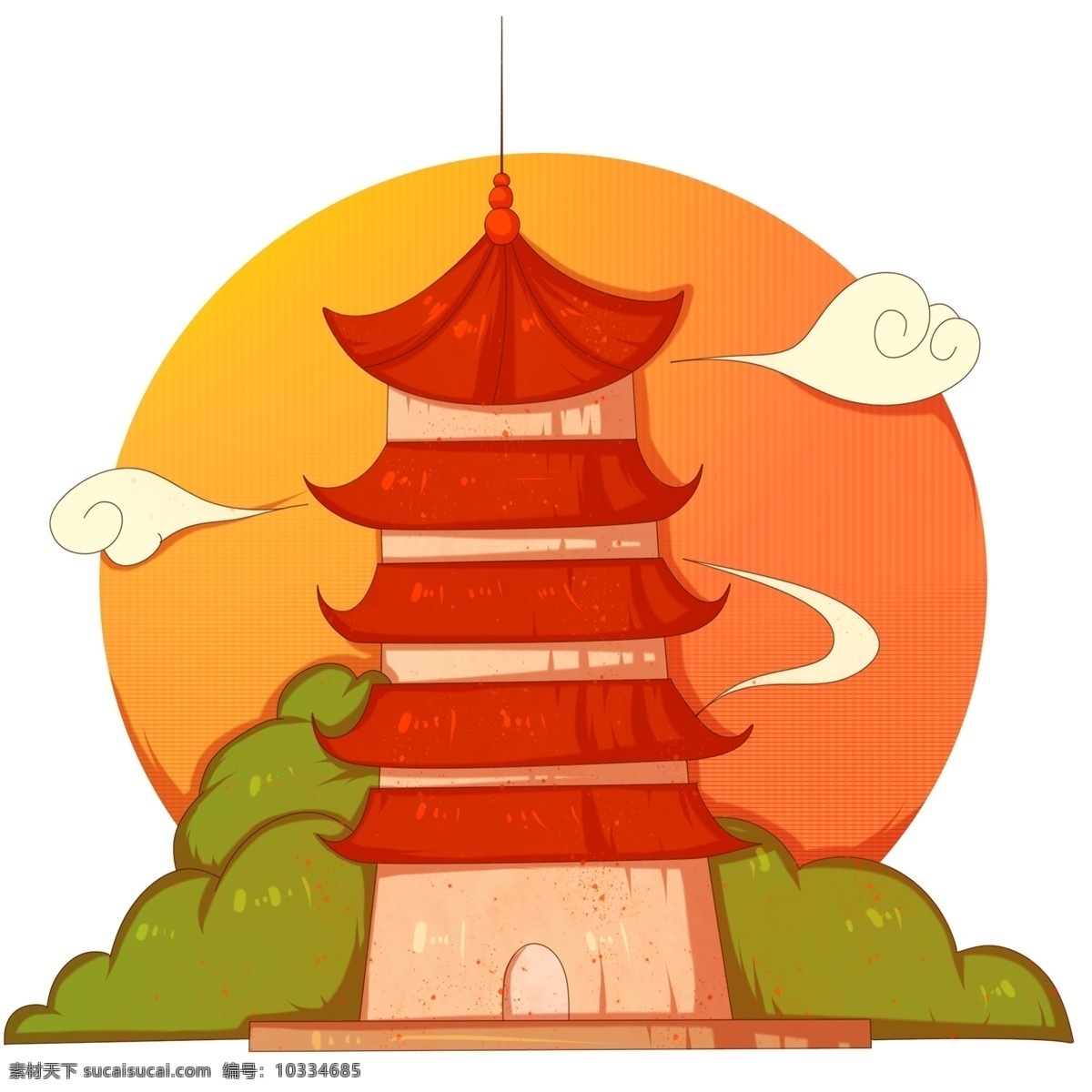 手绘 杭州 地标 插画 红色的大塔 杭州地标 卡通的插画 地标建筑杭州 漂亮的地标 美丽的杭州